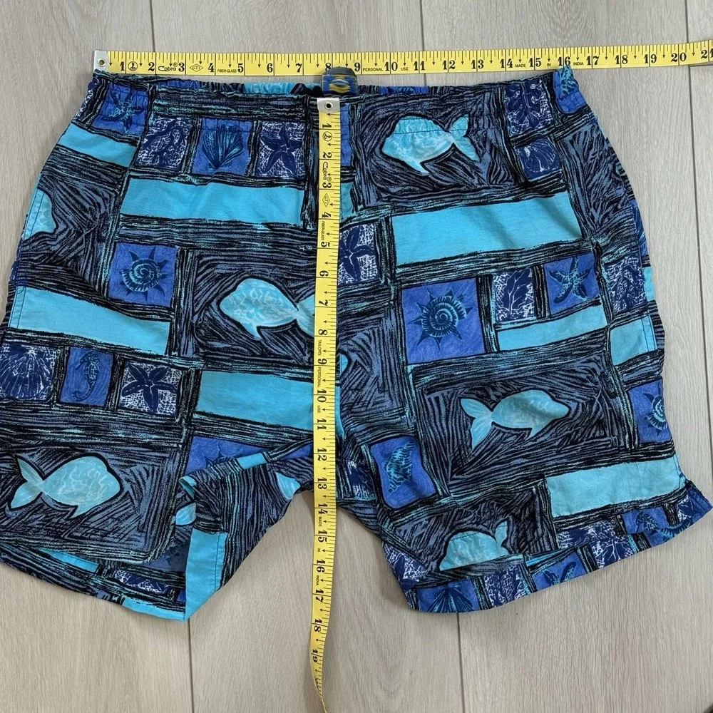 VTG GZood Swim Trunks M Fish Print Blue Teal Nylon‎ Lined Drawstring Shorts Y2K